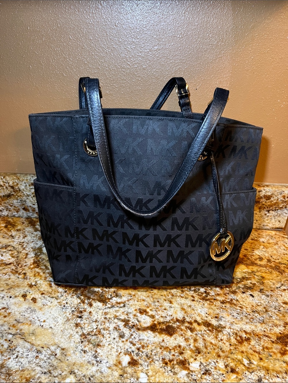 Michael Kors Black Logo Jacquard Tote with Gold Charm